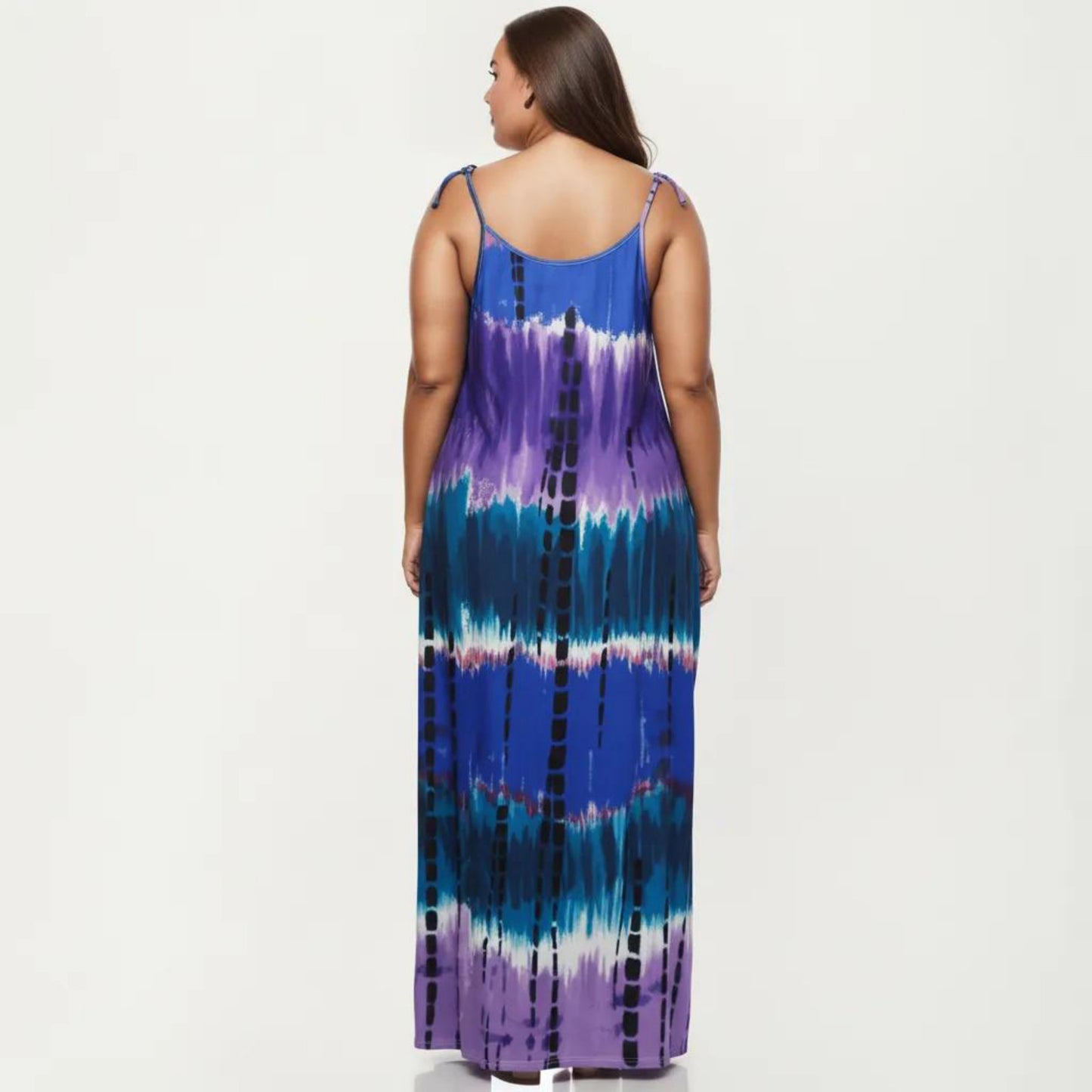 Plus Size Maxi Dress with Adjustable Strap Scoop Neck Tie Dye Print Loose Fit Casual Dress