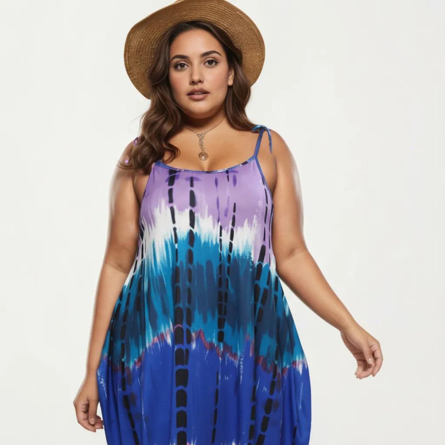 Plus Size Maxi Dress with Adjustable Strap Scoop Neck Tie Dye Print Loose Fit Casual Dress