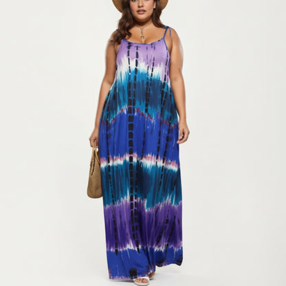 Plus Size Maxi Dress with Adjustable Strap Scoop Neck Tie Dye Print Loose Fit Casual Dress