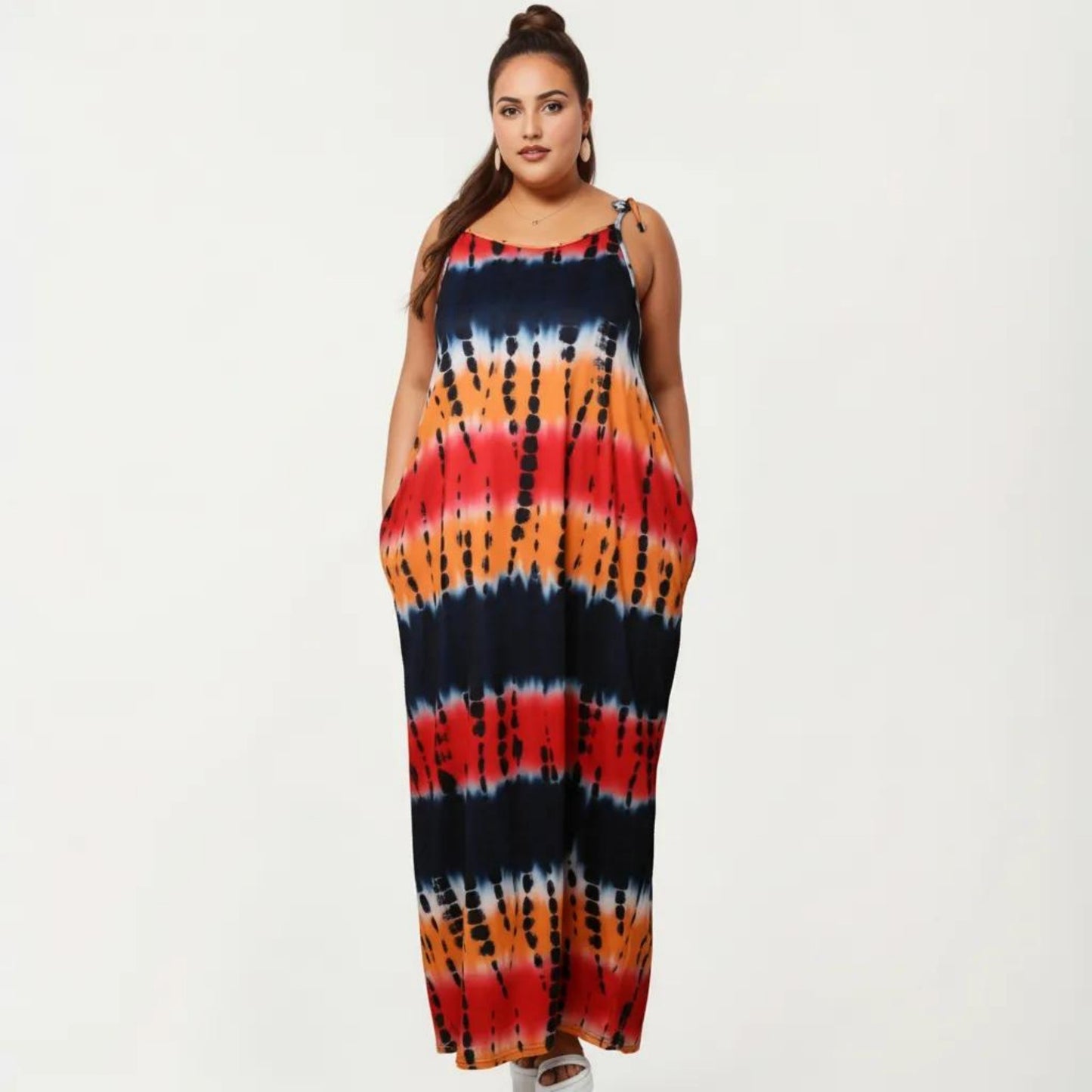 Plus Size Maxi Dress with Adjustable Strap Scoop Neck Tie Dye Print Loose Fit Casual Dress