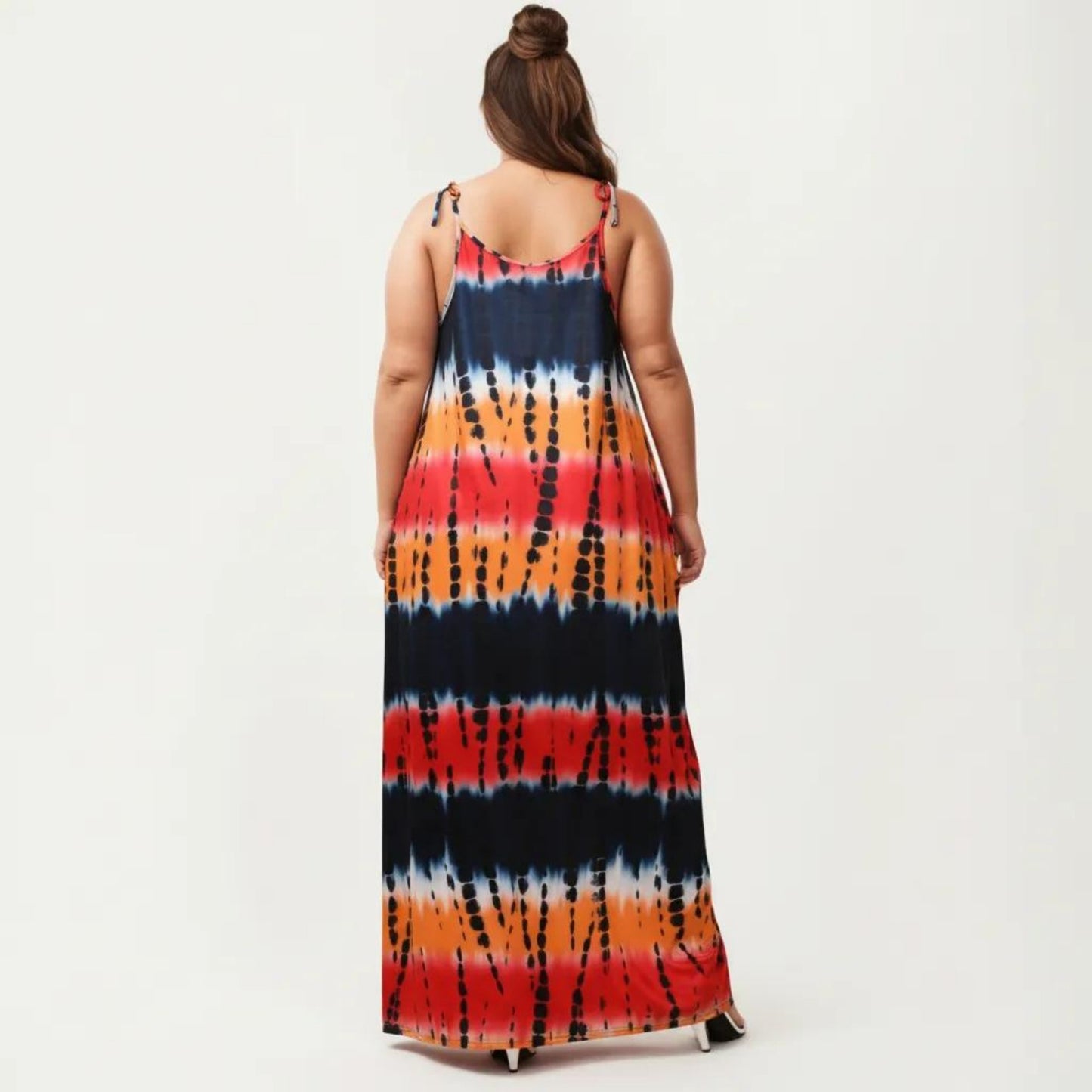 Plus Size Maxi Dress with Adjustable Strap Scoop Neck Tie Dye Print Loose Fit Casual Dress