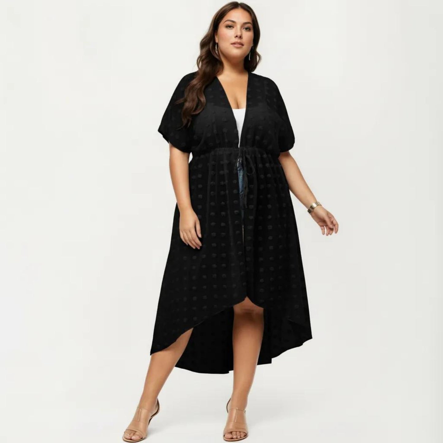 Sheer Midi Cover Up Dress with V Neck Drawstring Waist Swiss Dot High Low Hem Beach Layer