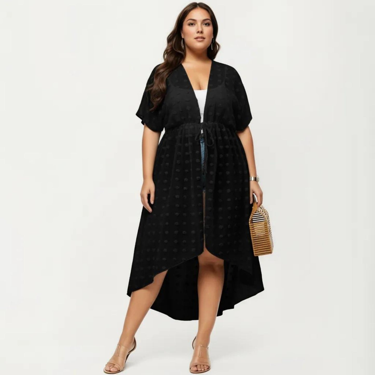 Sheer Midi Cover Up Dress with V Neck Drawstring Waist Swiss Dot High Low Hem Beach Layer