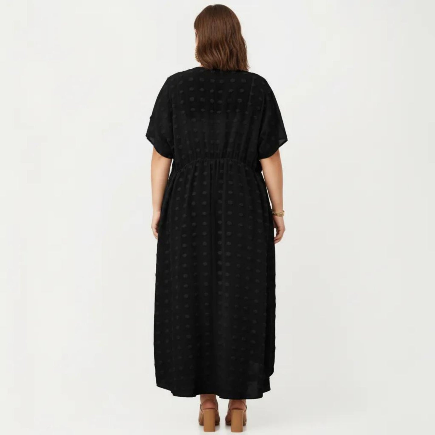 Sheer Midi Cover Up Dress with V Neck Drawstring Waist Swiss Dot High Low Hem Beach Layer
