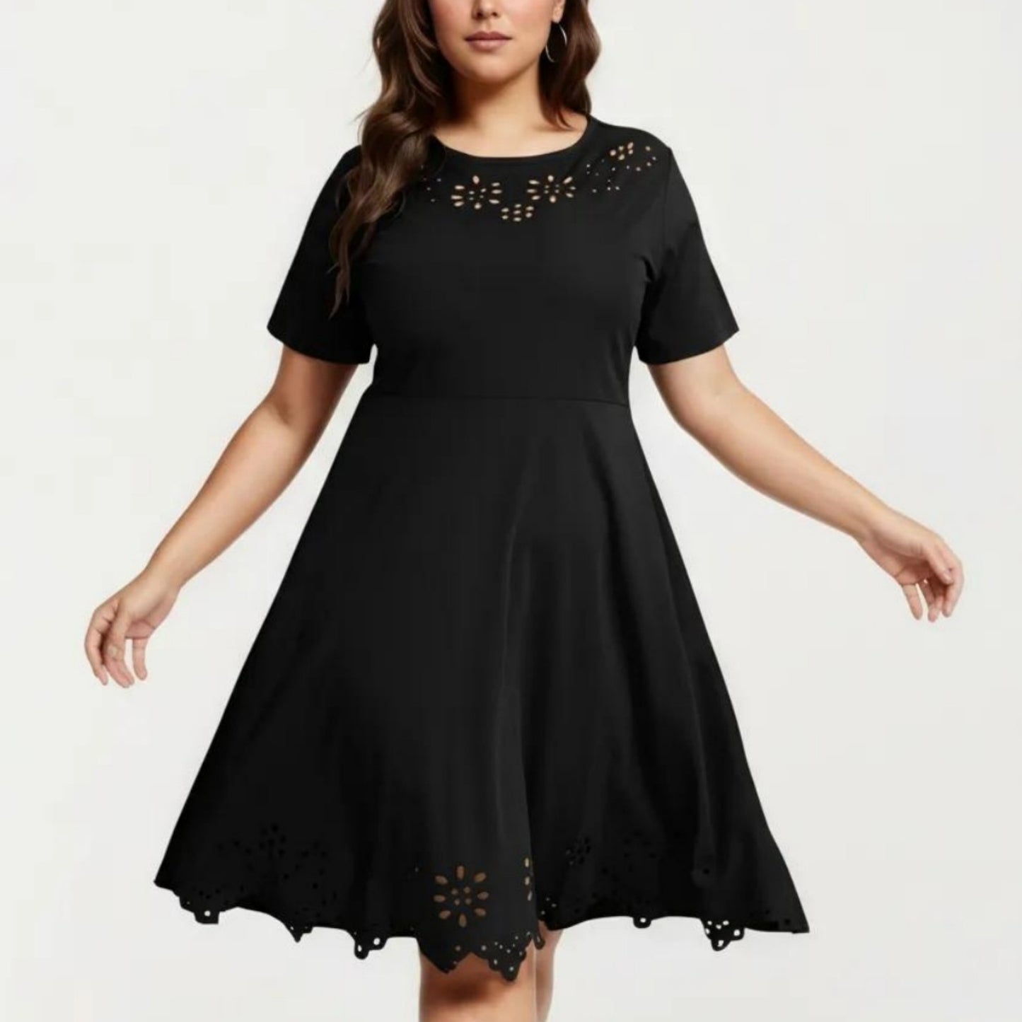 Short Sleeve Midi Dress with Laser Cut Detail Round Neck A Line Fit and Flare Casual Dress