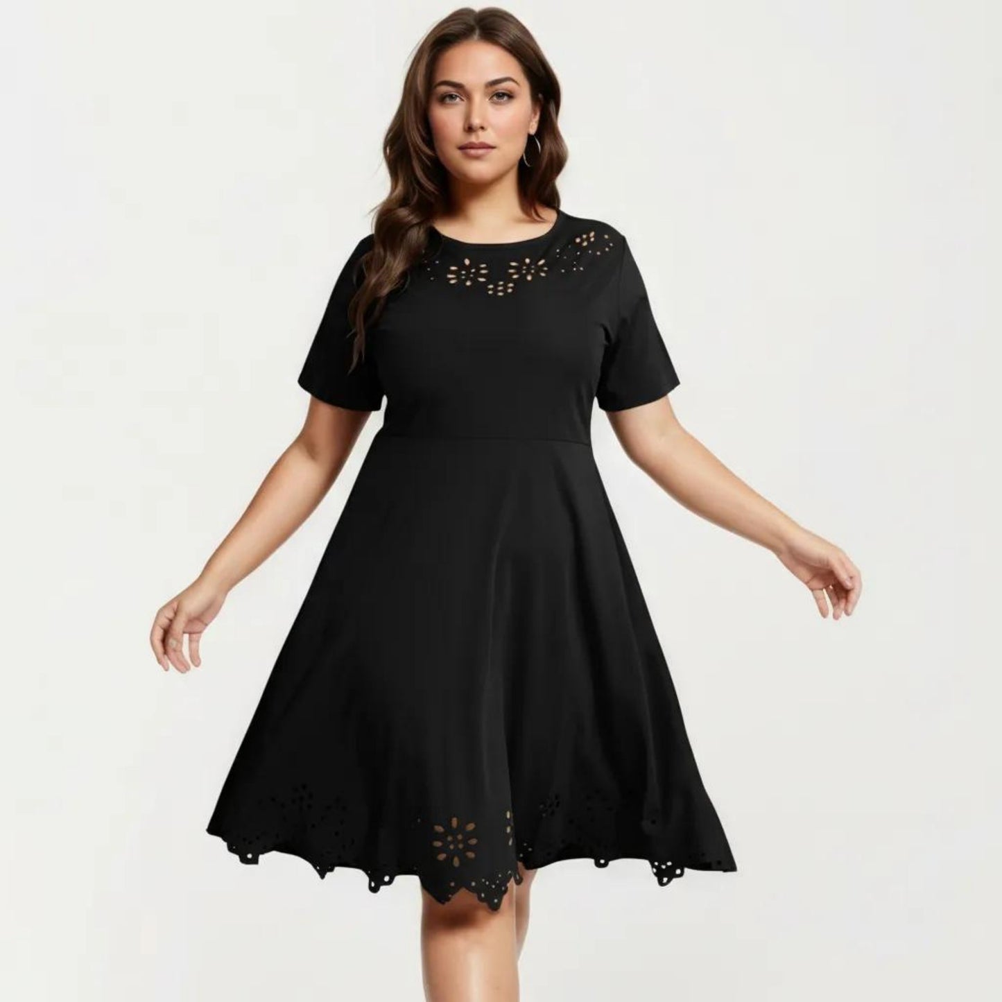 Short Sleeve Midi Dress with Laser Cut Detail Round Neck A Line Fit and Flare Casual Dress