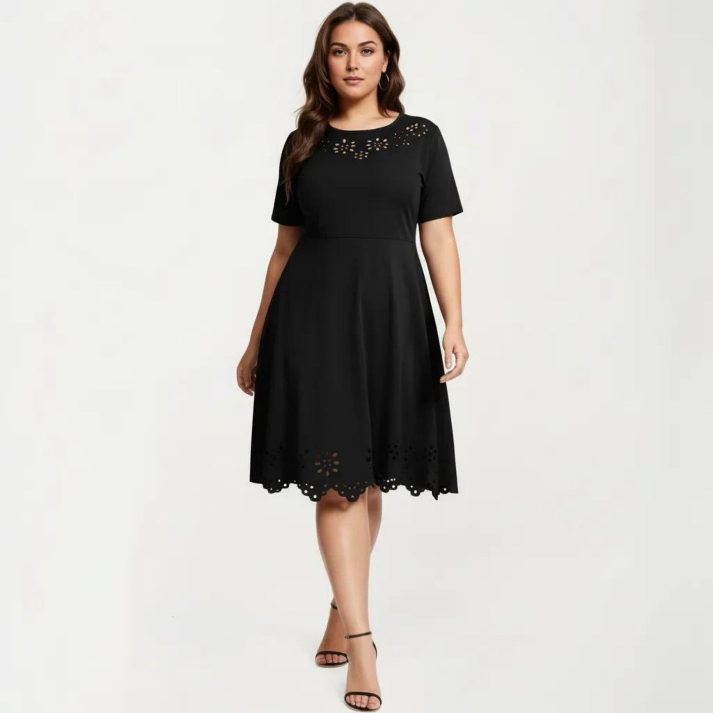 Short Sleeve Midi Dress with Laser Cut Detail Round Neck A Line Fit and Flare Casual Dress