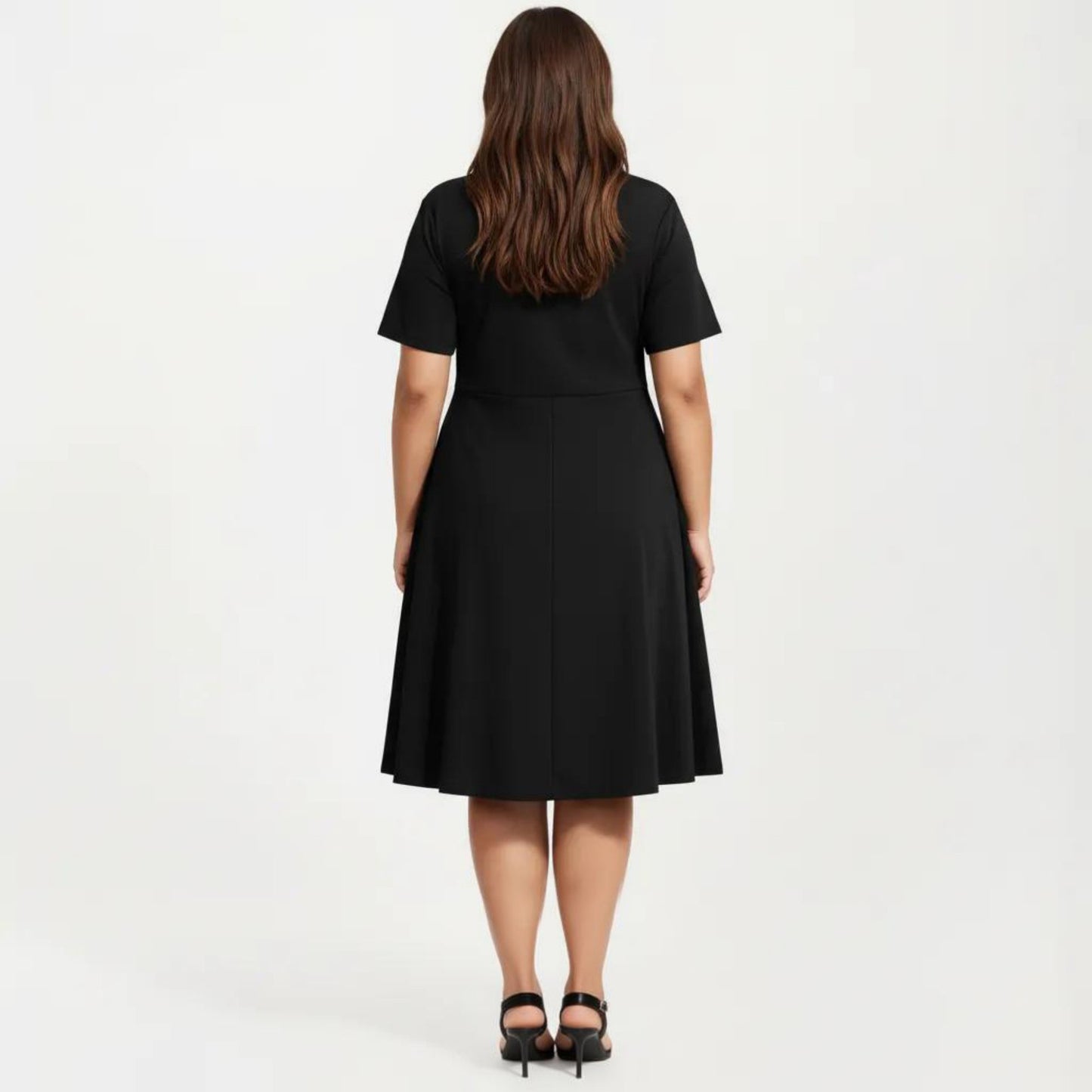 Short Sleeve Midi Dress with Laser Cut Detail Round Neck A Line Fit and Flare Casual Dress