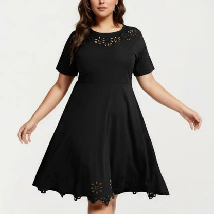Short Sleeve Midi Dress with Laser Cut Detail Round Neck A Line Fit and Flare Casual Dress