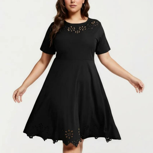 Short Sleeve Midi Dress with Laser Cut Detail Round Neck A Line Fit and Flare Casual Dress