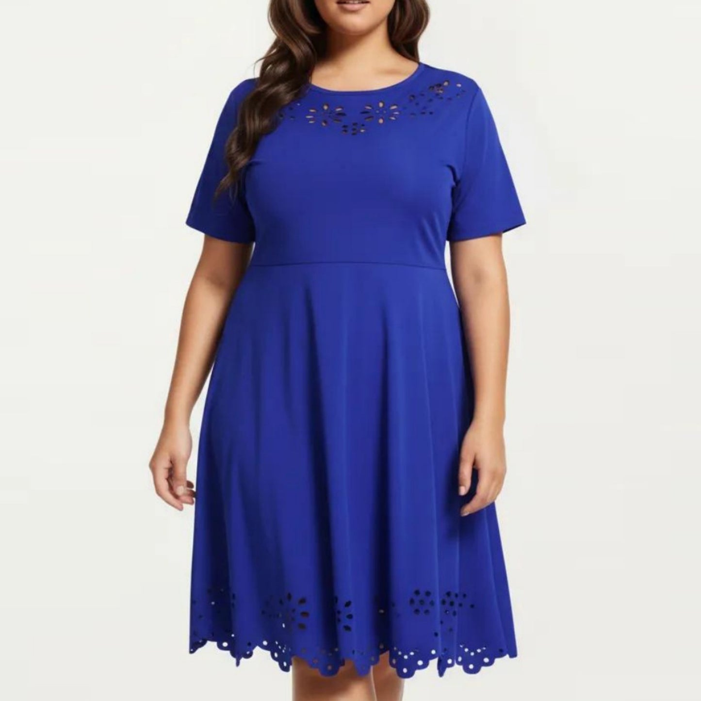 Short Sleeve Midi Dress with Laser Cut Detail Round Neck A Line Fit and Flare Casual Dress