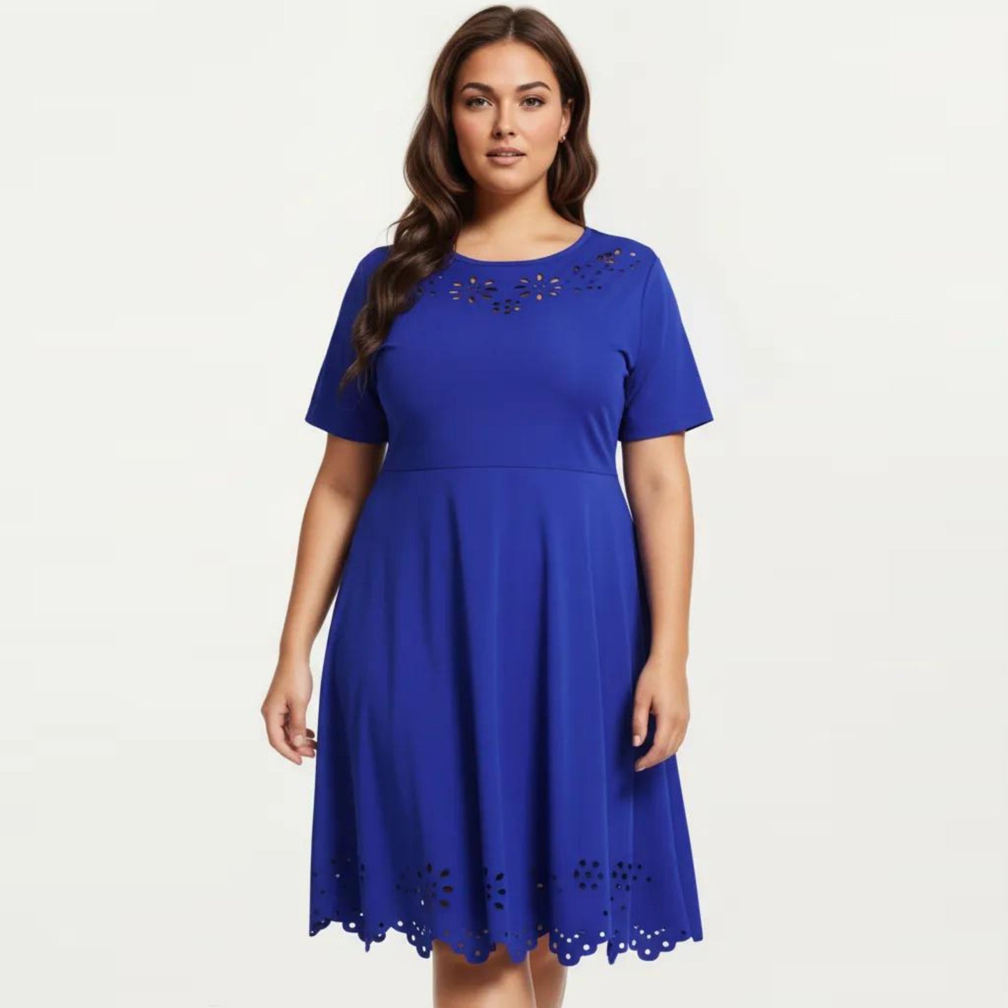 Short Sleeve Midi Dress with Laser Cut Detail Round Neck A Line Fit and Flare Casual Dress