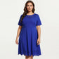 Short Sleeve Midi Dress with Laser Cut Detail Round Neck A Line Fit and Flare Casual Dress
