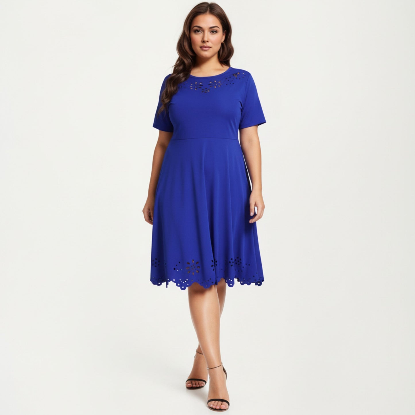Short Sleeve Midi Dress with Laser Cut Detail Round Neck A Line Fit and Flare Casual Dress