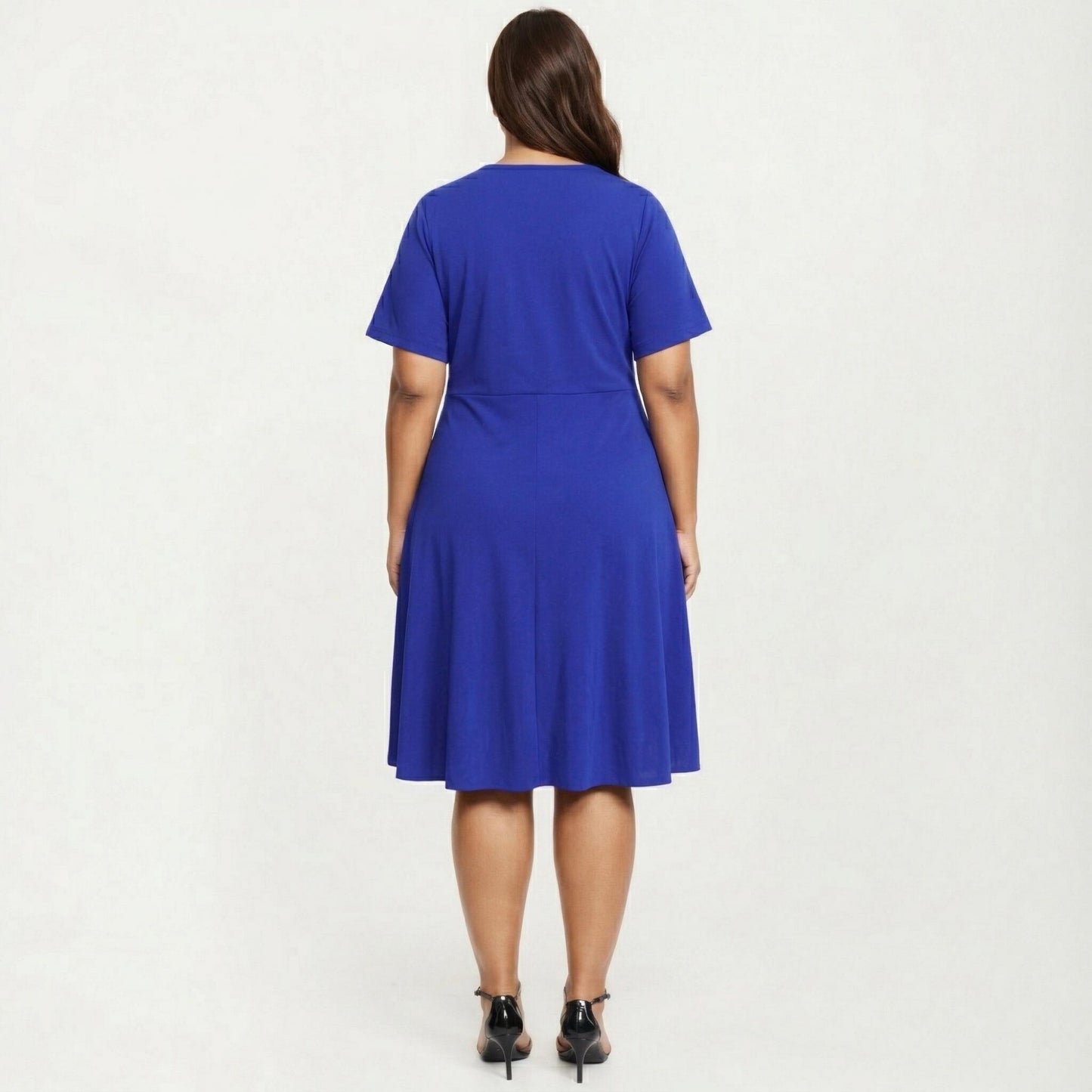 Short Sleeve Midi Dress with Laser Cut Detail Round Neck A Line Fit and Flare Casual Dress
