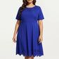 Short Sleeve Midi Dress with Laser Cut Detail Round Neck A Line Fit and Flare Casual Dress