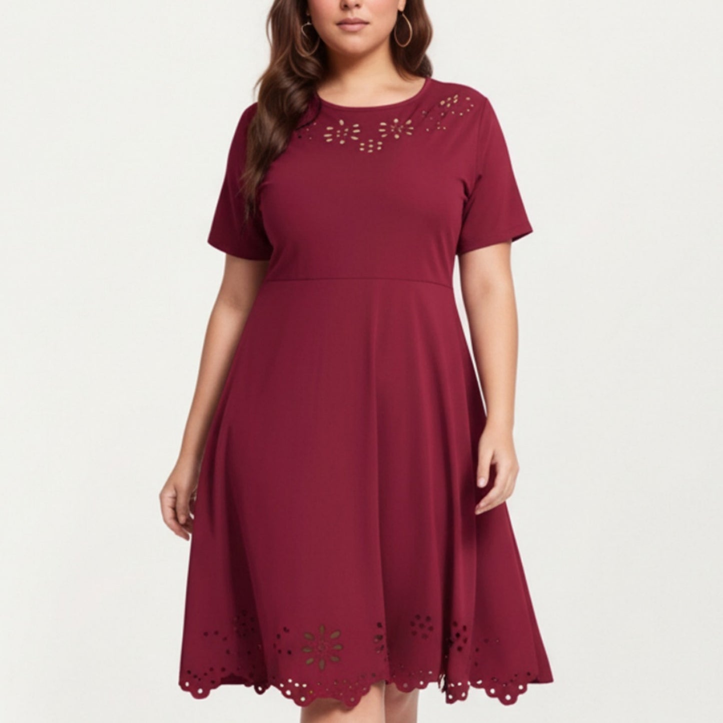Short Sleeve Midi Dress with Laser Cut Detail Round Neck A Line Fit and Flare Casual Dress