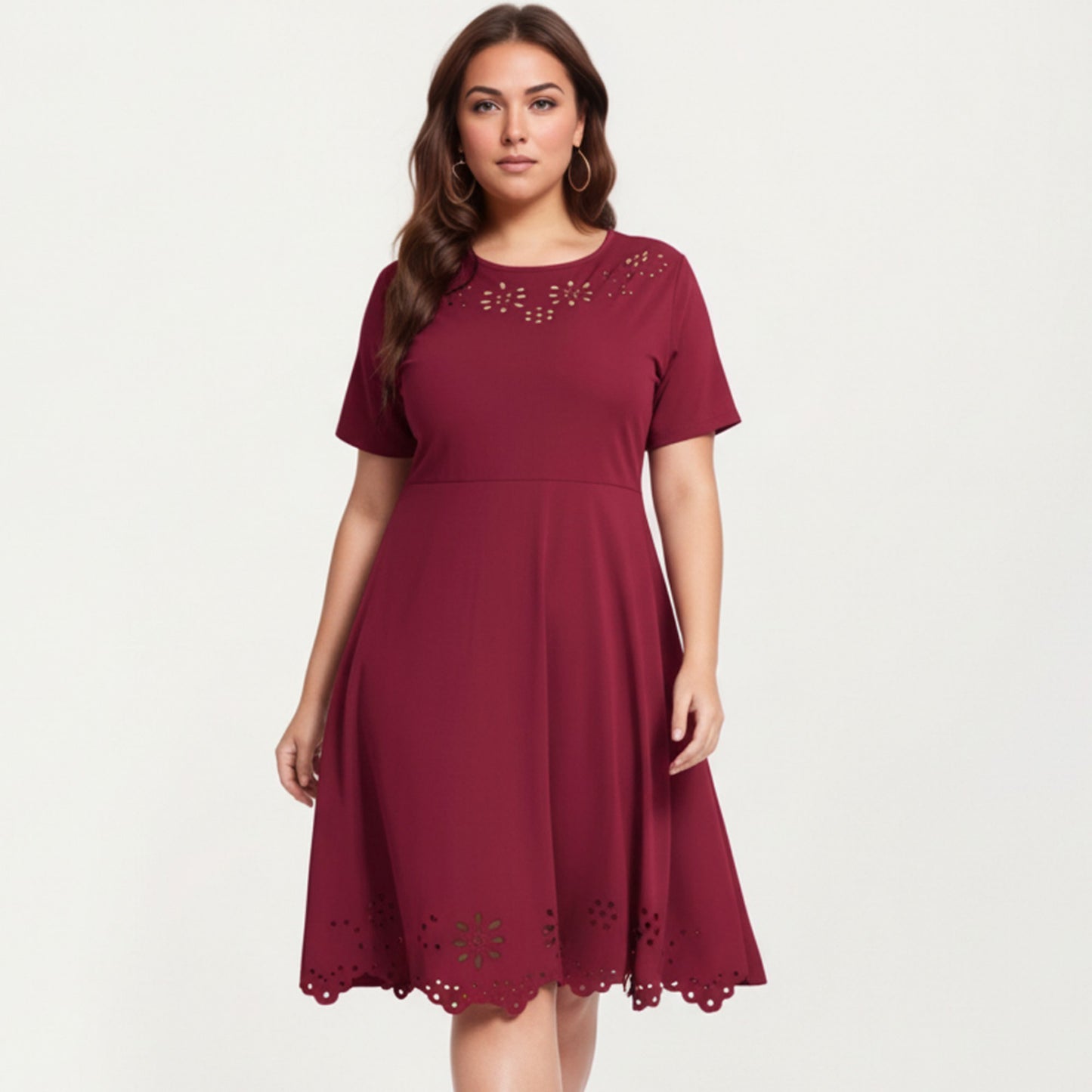 Short Sleeve Midi Dress with Laser Cut Detail Round Neck A Line Fit and Flare Casual Dress