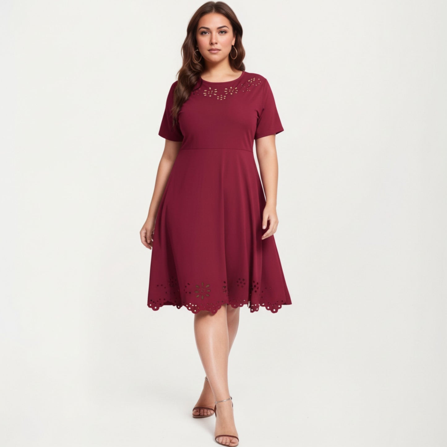 Short Sleeve Midi Dress with Laser Cut Detail Round Neck A Line Fit and Flare Casual Dress