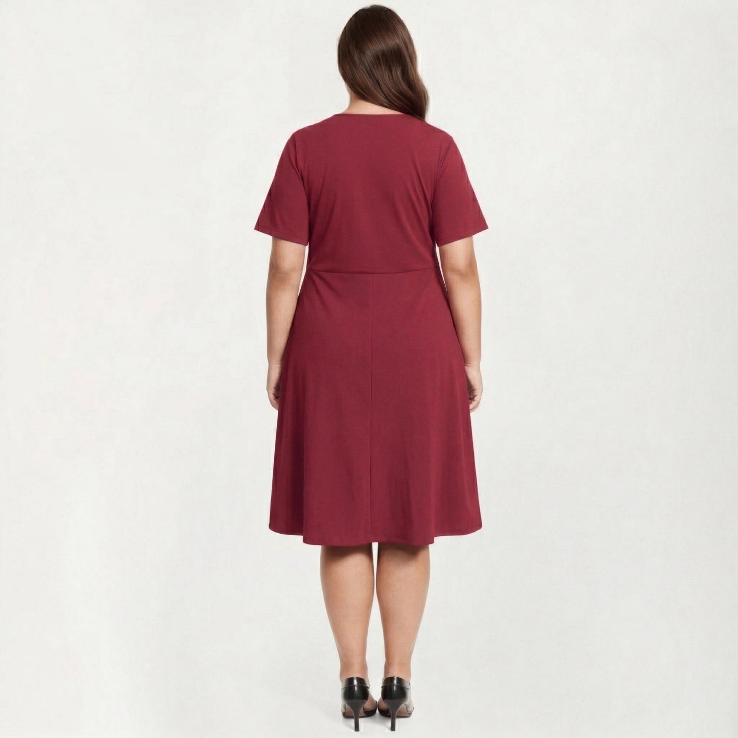 Short Sleeve Midi Dress with Laser Cut Detail Round Neck A Line Fit and Flare Casual Dress