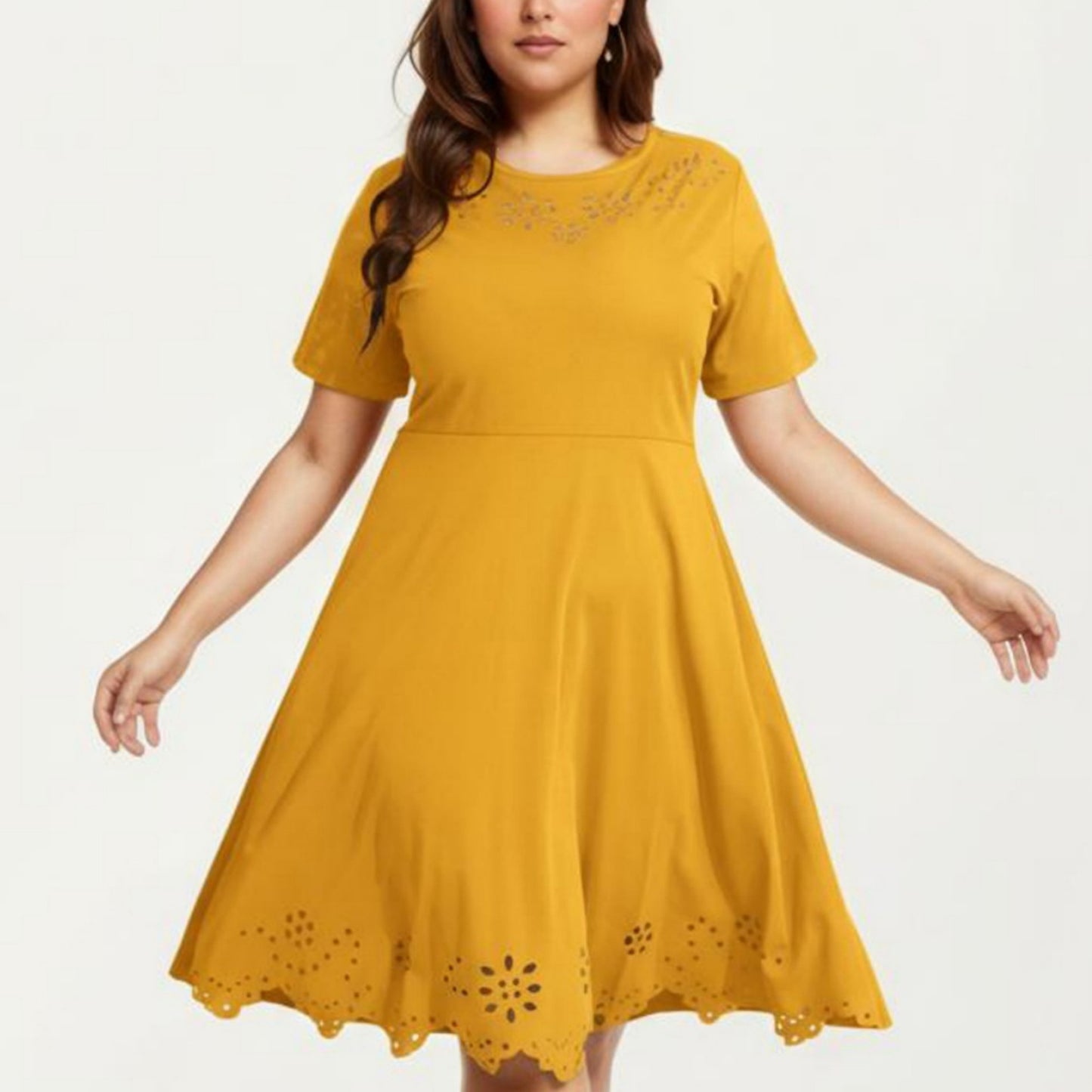 Short Sleeve Midi Dress with Laser Cut Detail Round Neck A Line Fit and Flare Casual Dress