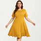 Short Sleeve Midi Dress with Laser Cut Detail Round Neck A Line Fit and Flare Casual Dress