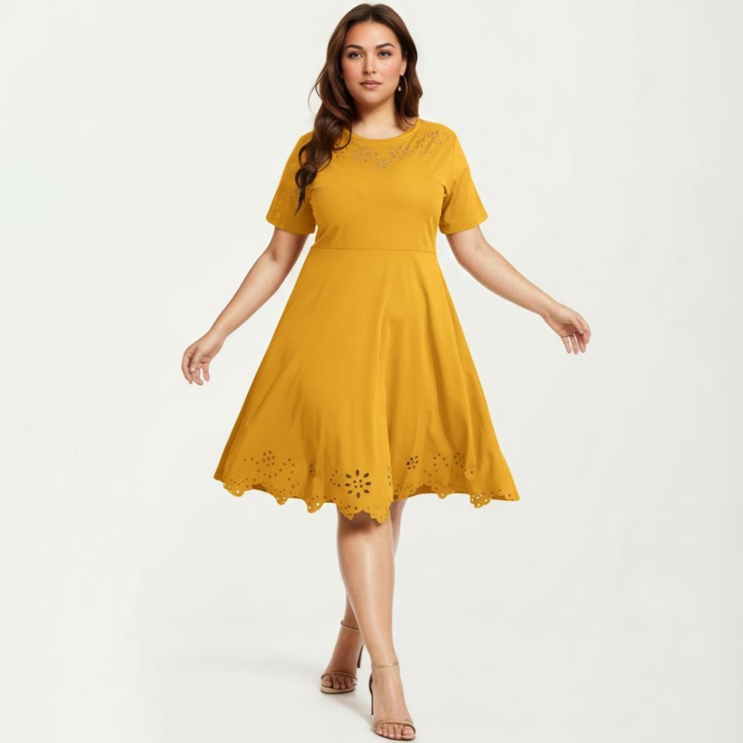 Short Sleeve Midi Dress with Laser Cut Detail Round Neck A Line Fit and Flare Casual Dress
