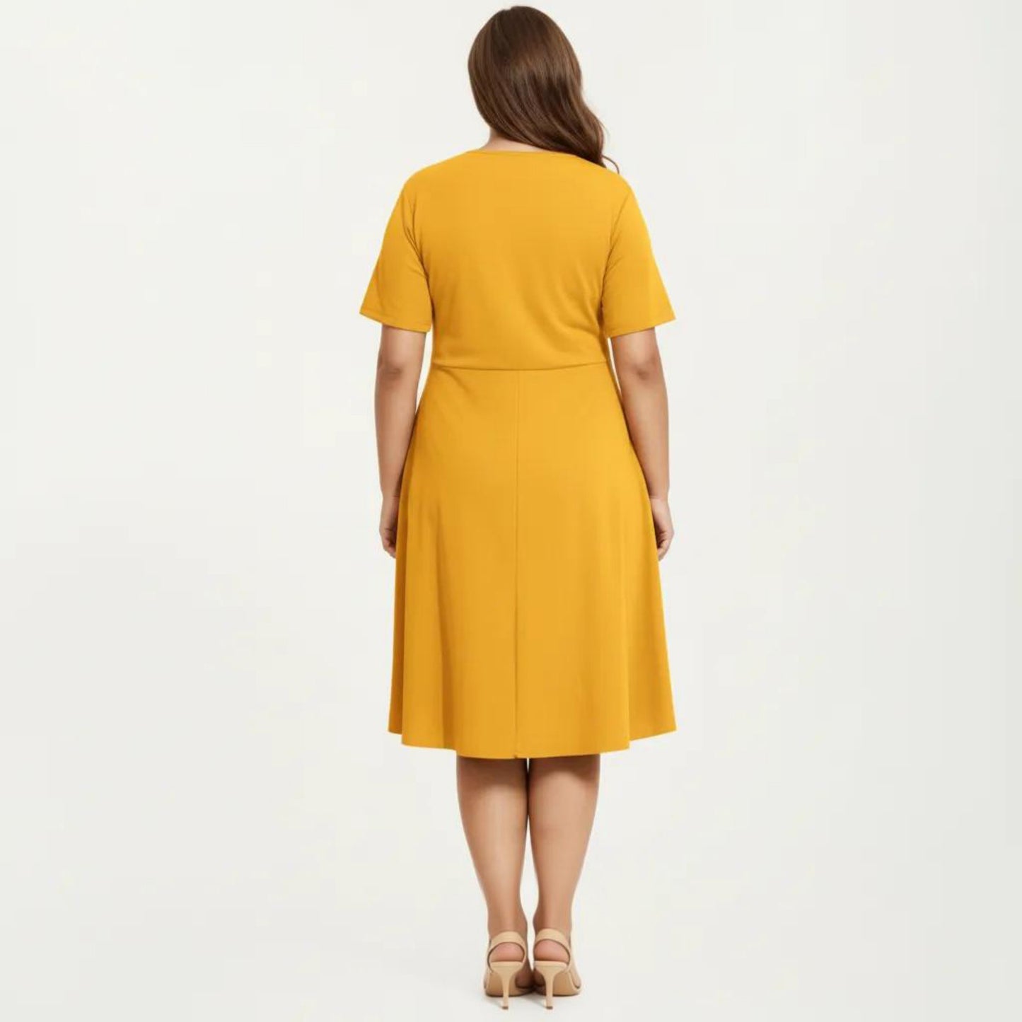 Short Sleeve Midi Dress with Laser Cut Detail Round Neck A Line Fit and Flare Casual Dress