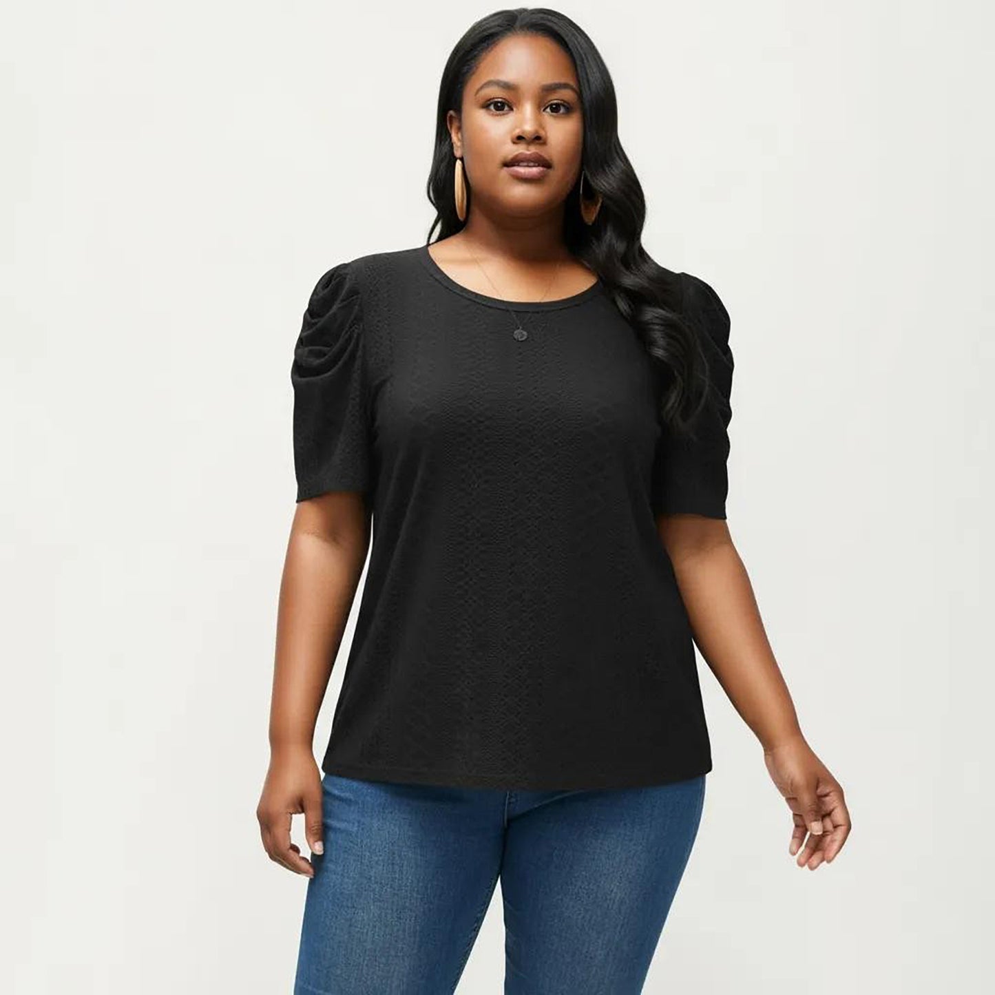 Plus Size Short Sleeve Knit Top with Puff Sleeves Textured Pattern Crew Neck Relaxed Shirt