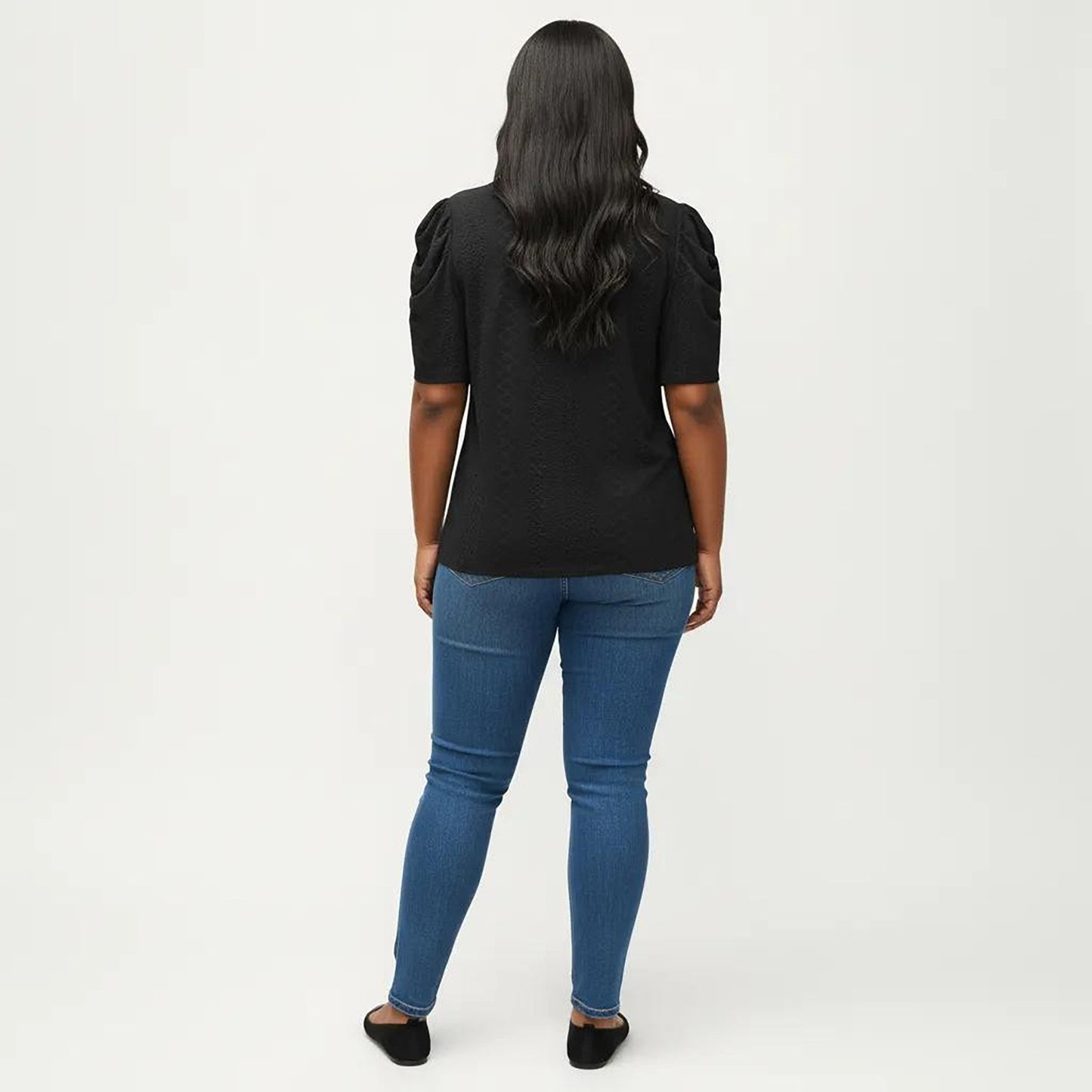 Plus Size Short Sleeve Knit Top with Puff Sleeves Textured Pattern Crew Neck Relaxed Shirt