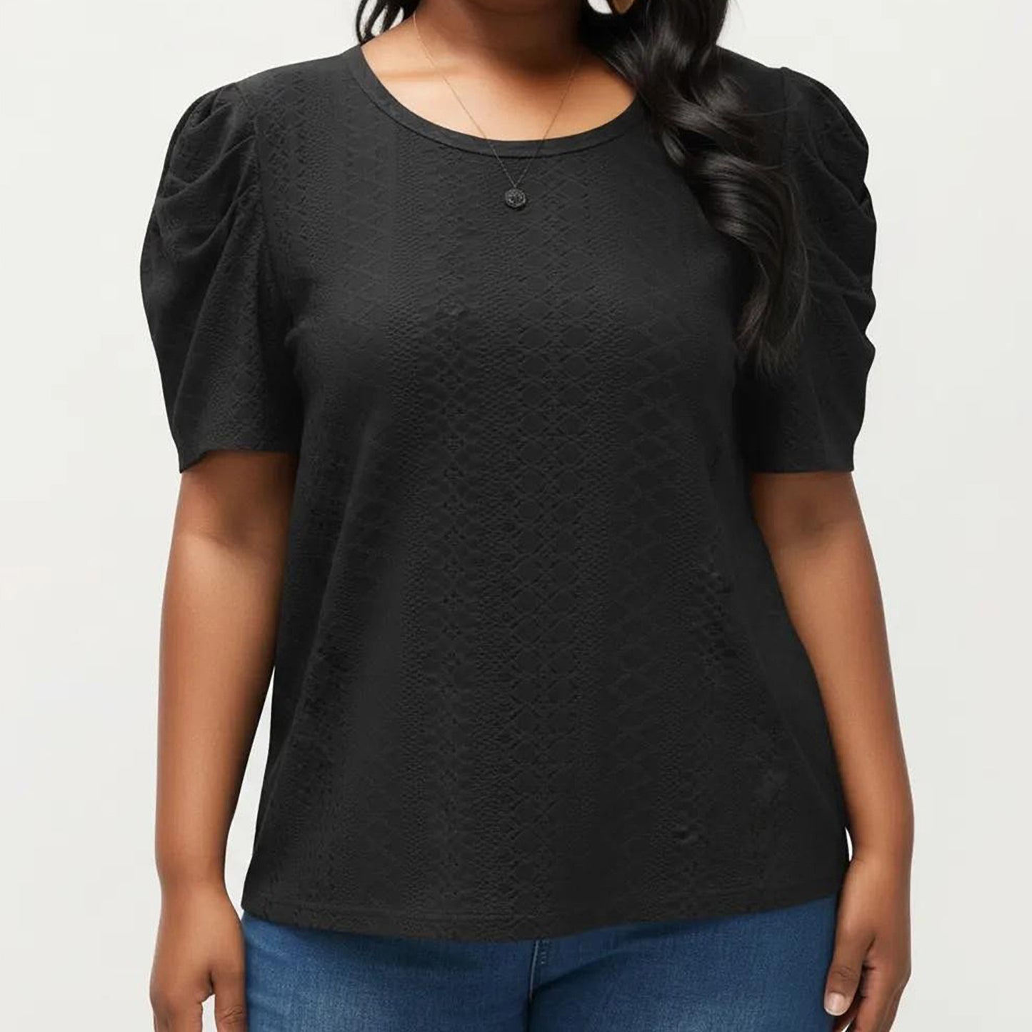 Plus Size Short Sleeve Knit Top with Puff Sleeves Textured Pattern Crew Neck Relaxed Shirt