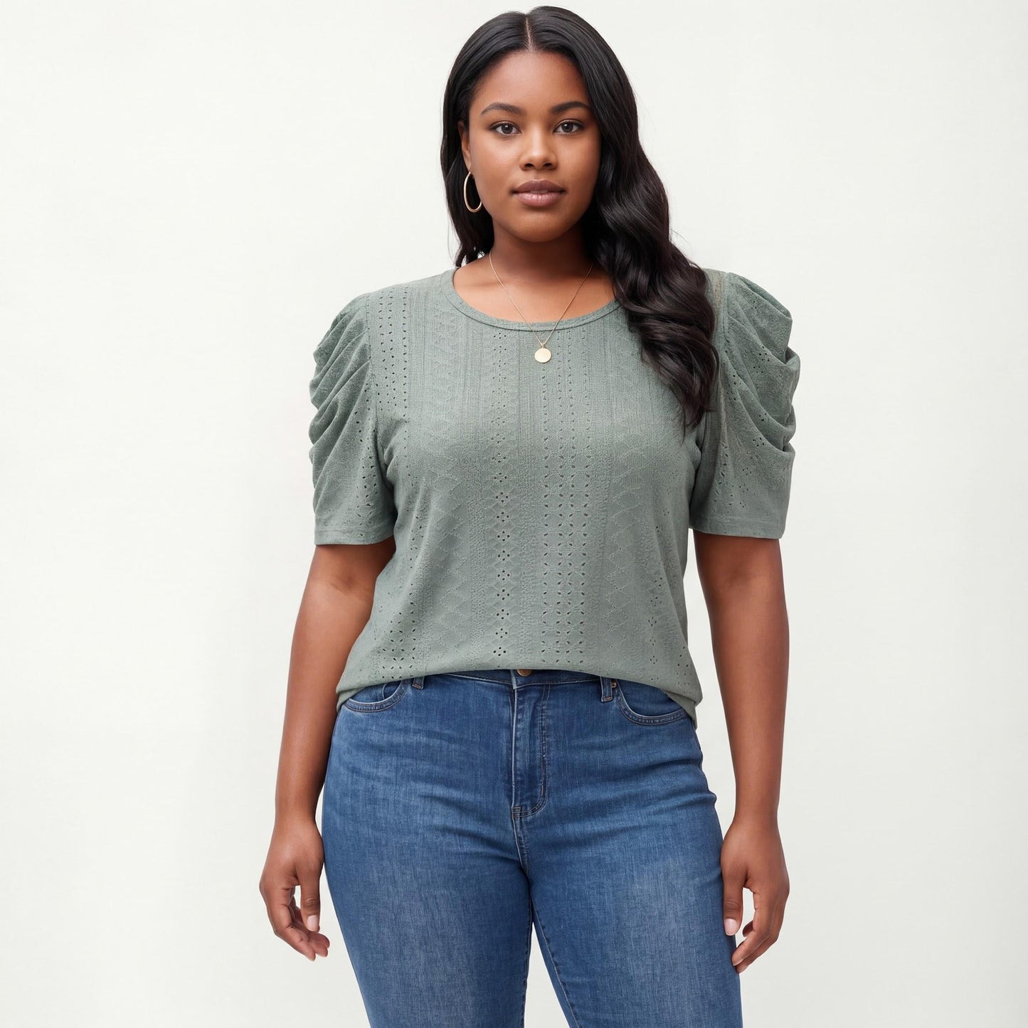 Plus Size Short Sleeve Knit Top with Puff Sleeves Textured Pattern Crew Neck Relaxed Shirt