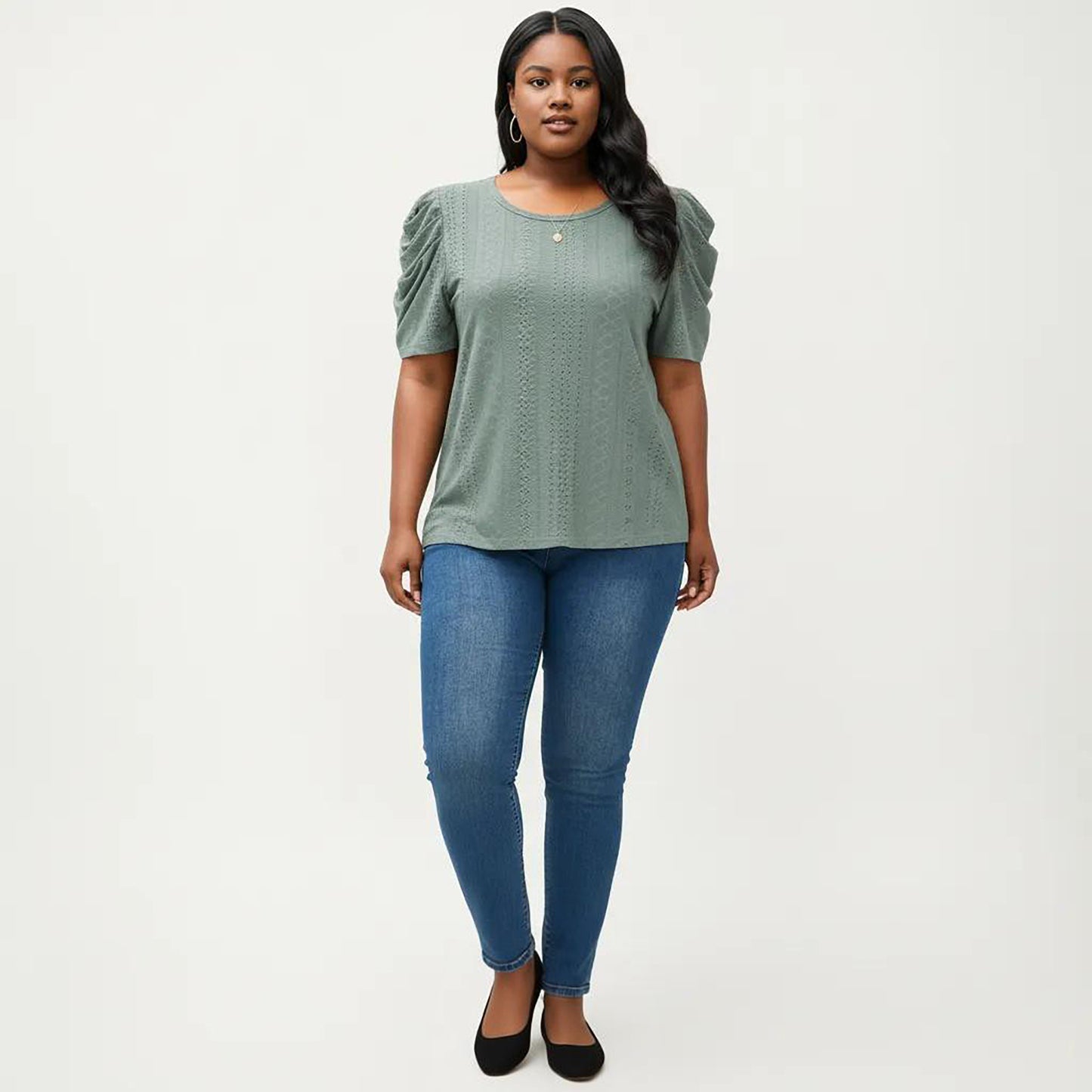 Plus Size Short Sleeve Knit Top with Puff Sleeves Textured Pattern Crew Neck Relaxed Shirt