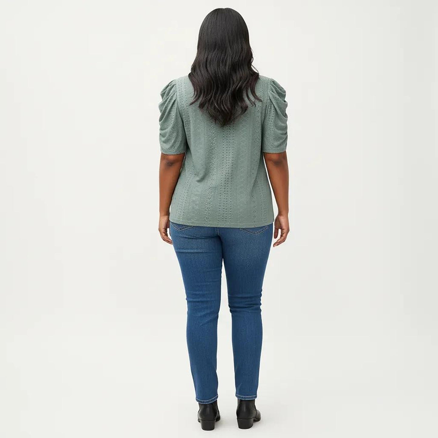 Plus Size Short Sleeve Knit Top with Puff Sleeves Textured Pattern Crew Neck Relaxed Shirt