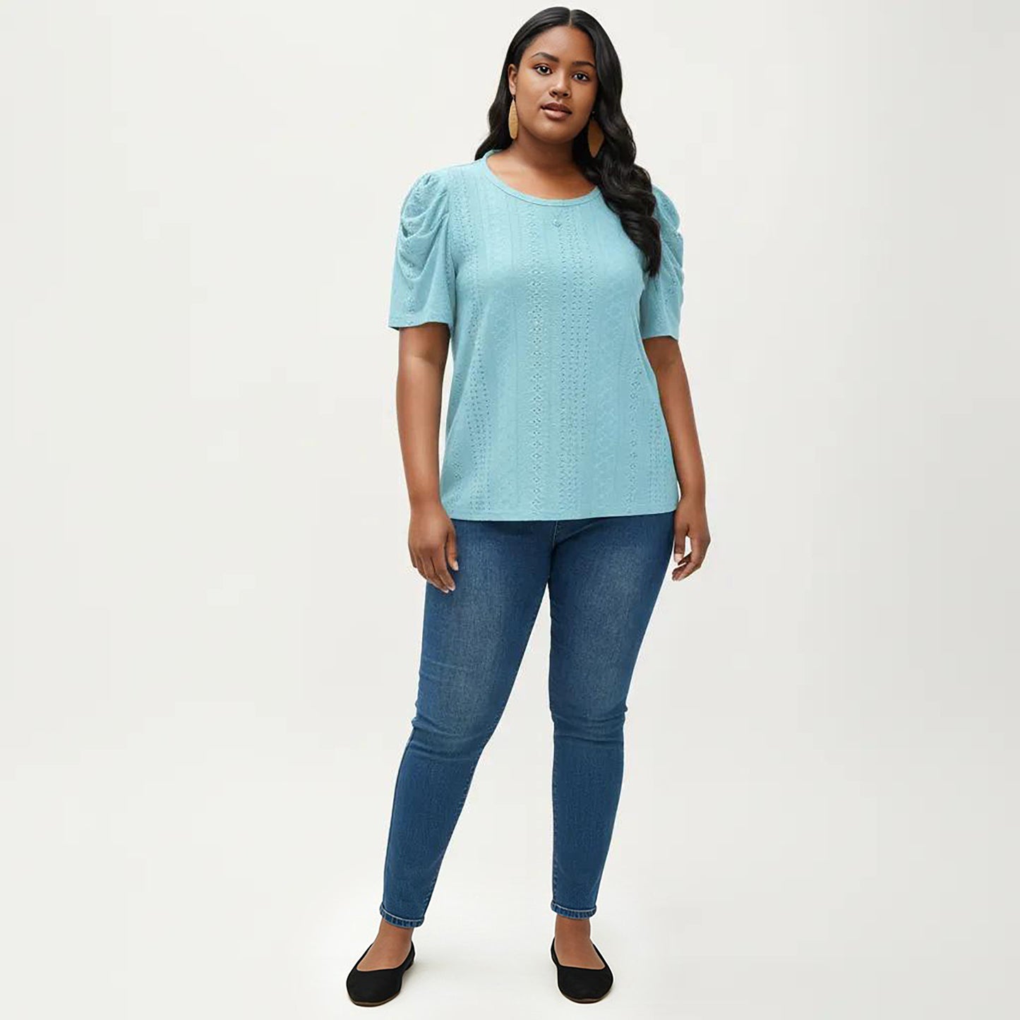 Plus Size Short Sleeve Knit Top with Puff Sleeves Textured Pattern Crew Neck Relaxed Shirt