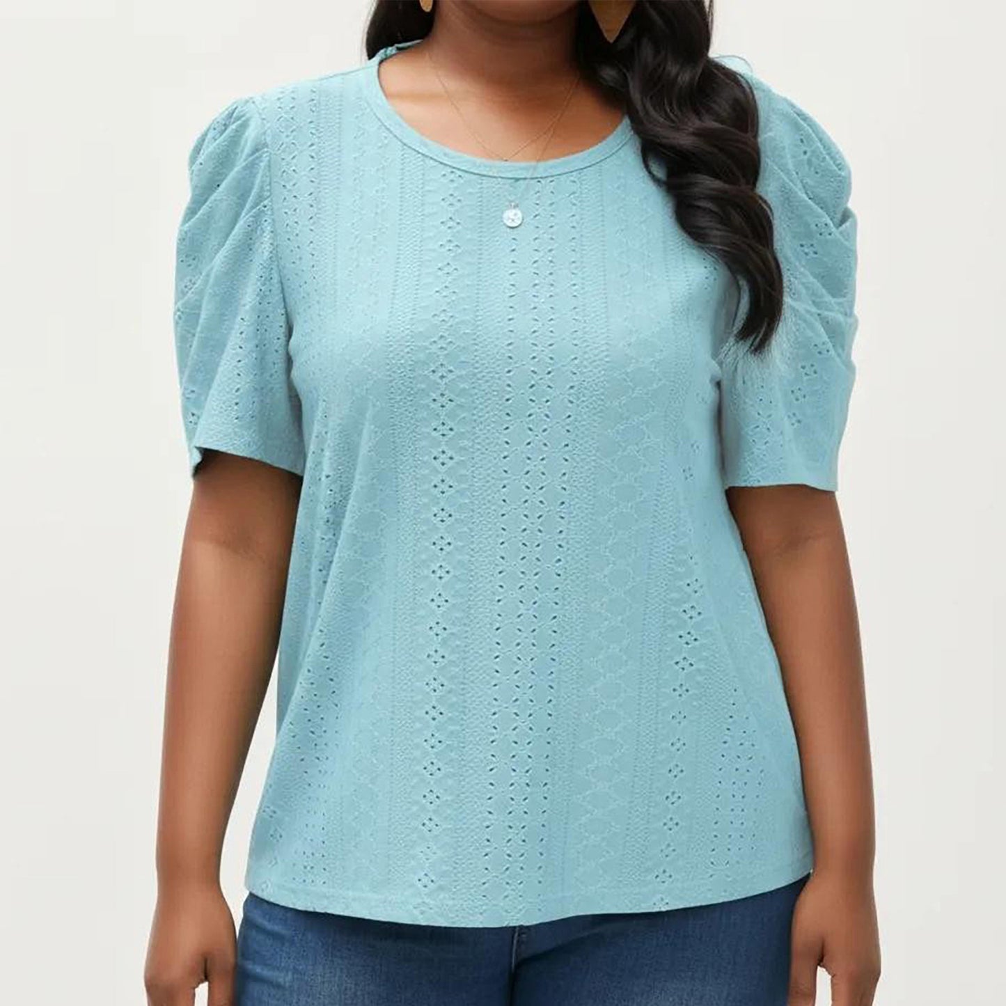 Plus Size Short Sleeve Knit Top with Puff Sleeves Textured Pattern Crew Neck Relaxed Shirt