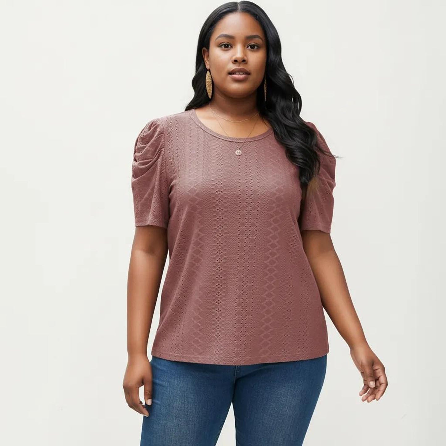 Plus Size Short Sleeve Knit Top with Puff Sleeves Textured Pattern Crew Neck Relaxed Shirt