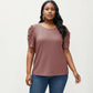Plus Size Short Sleeve Knit Top with Puff Sleeves Textured Pattern Crew Neck Relaxed Shirt