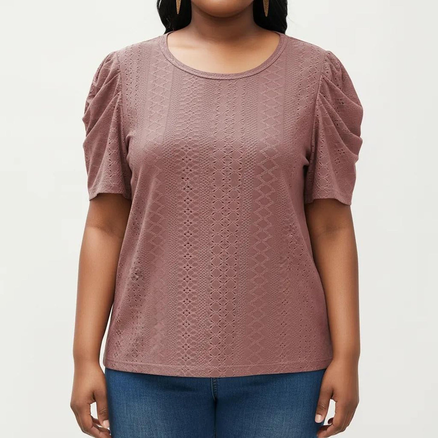 Plus Size Short Sleeve Knit Top with Puff Sleeves Textured Pattern Crew Neck Relaxed Shirt