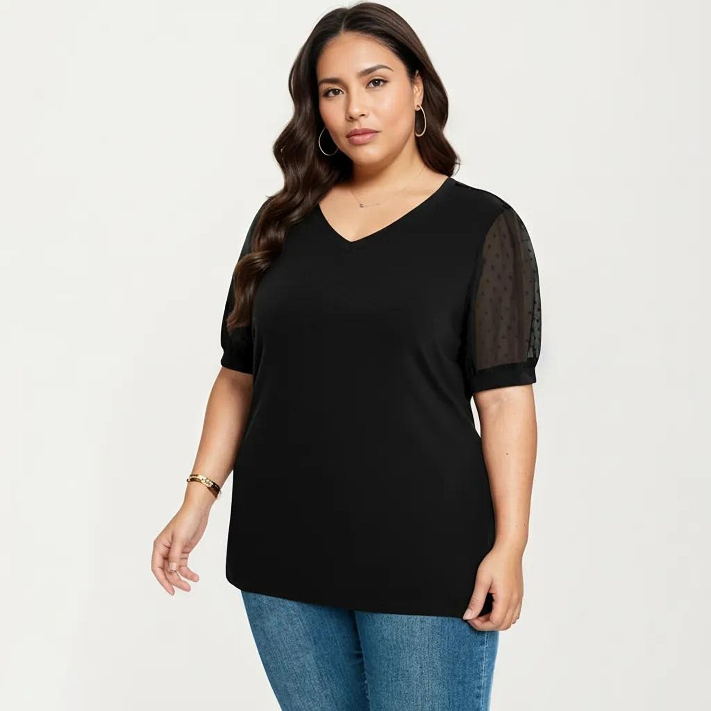 Plus Size Short Sleeve Top with V Neck Sheer Dot Mesh Sleeves Soft Knit Fabric Relaxed Shirt