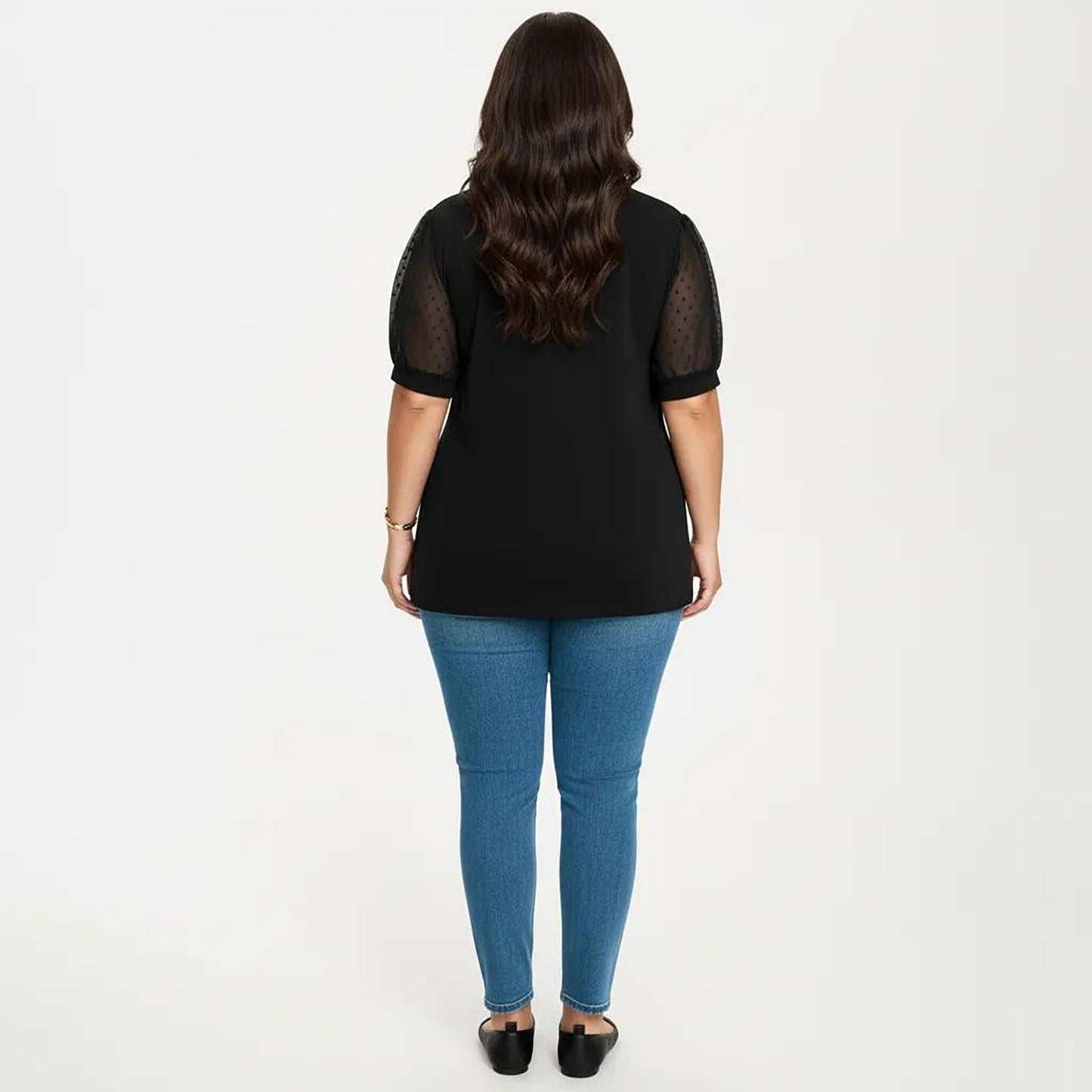 Plus Size Short Sleeve Top with V Neck Sheer Dot Mesh Sleeves Soft Knit Fabric Relaxed Shirt