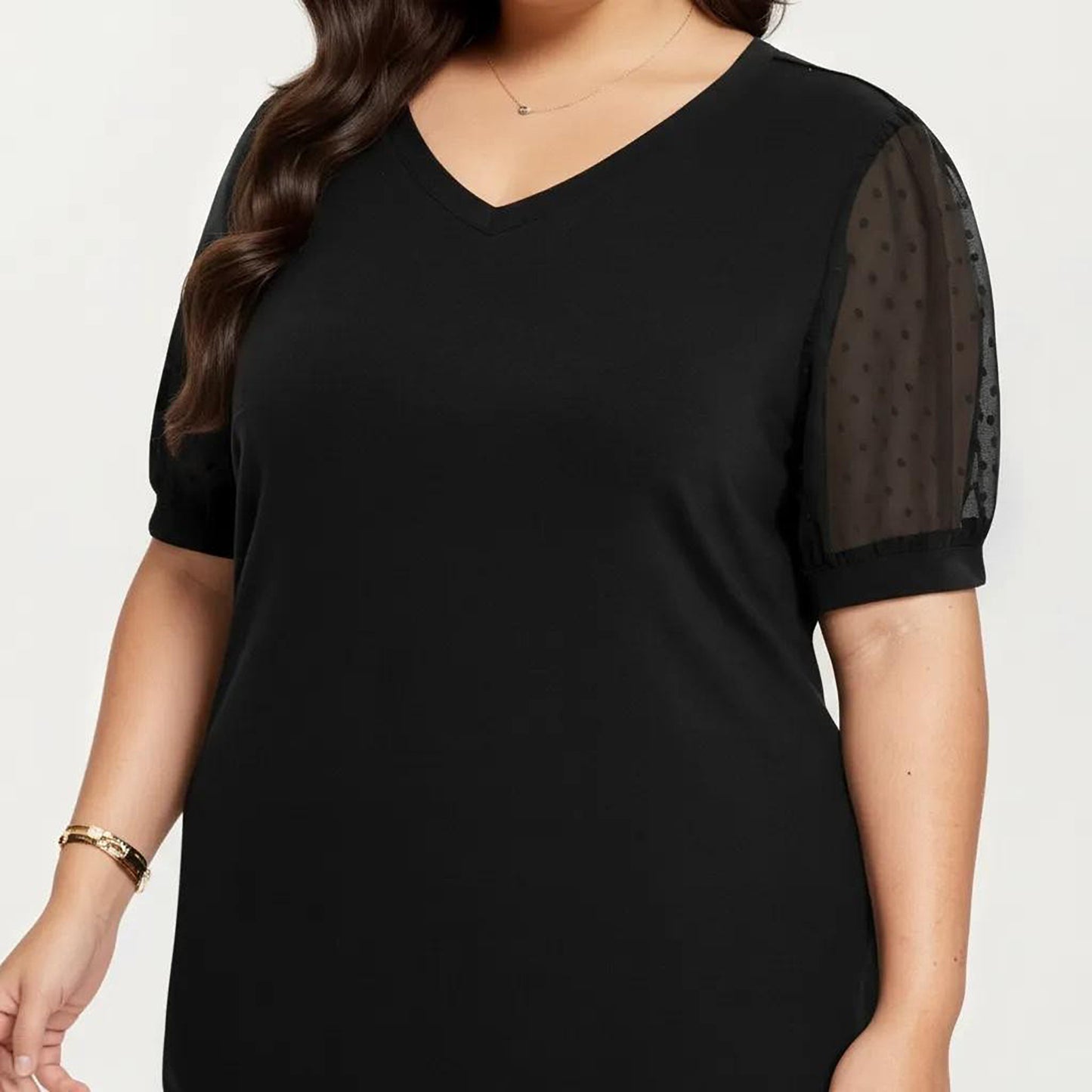 Plus Size Short Sleeve Top with V Neck Sheer Dot Mesh Sleeves Soft Knit Fabric Relaxed Shirt