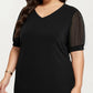Plus Size Short Sleeve Top with V Neck Sheer Dot Mesh Sleeves Soft Knit Fabric Relaxed Shirt