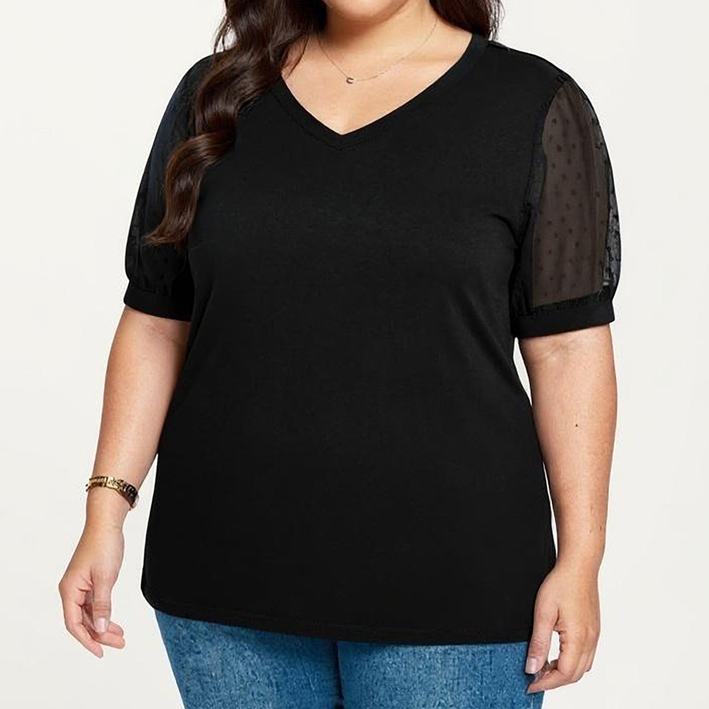 Plus Size Short Sleeve Top with V Neck Sheer Dot Mesh Sleeves Soft Knit Fabric Relaxed Shirt