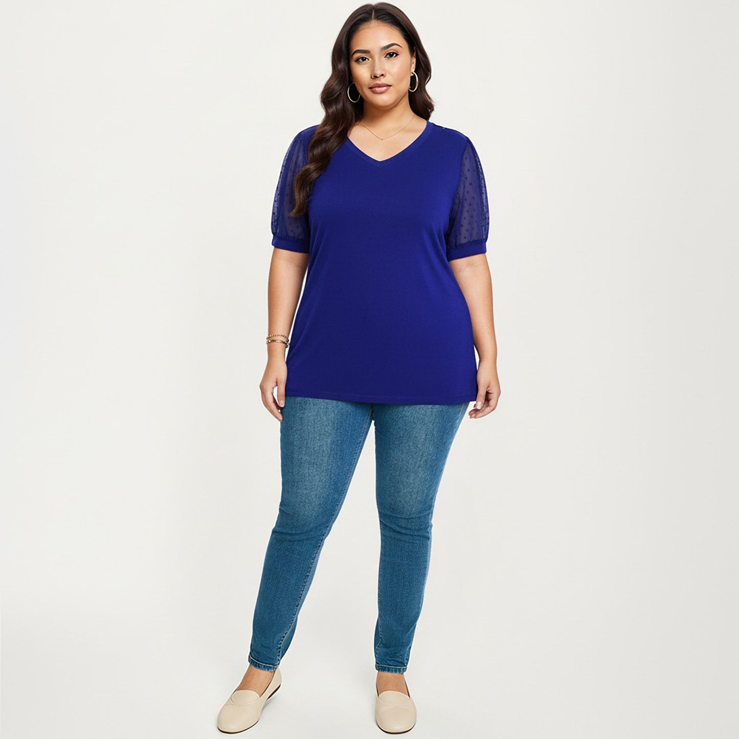Plus Size Short Sleeve Top with V Neck Sheer Dot Mesh Sleeves Soft Knit Fabric Relaxed Shirt