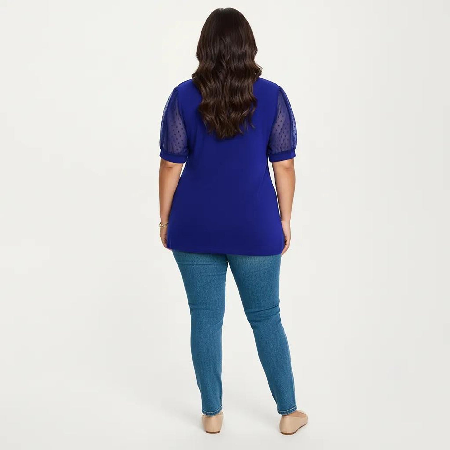 Plus Size Short Sleeve Top with V Neck Sheer Dot Mesh Sleeves Soft Knit Fabric Relaxed Shirt