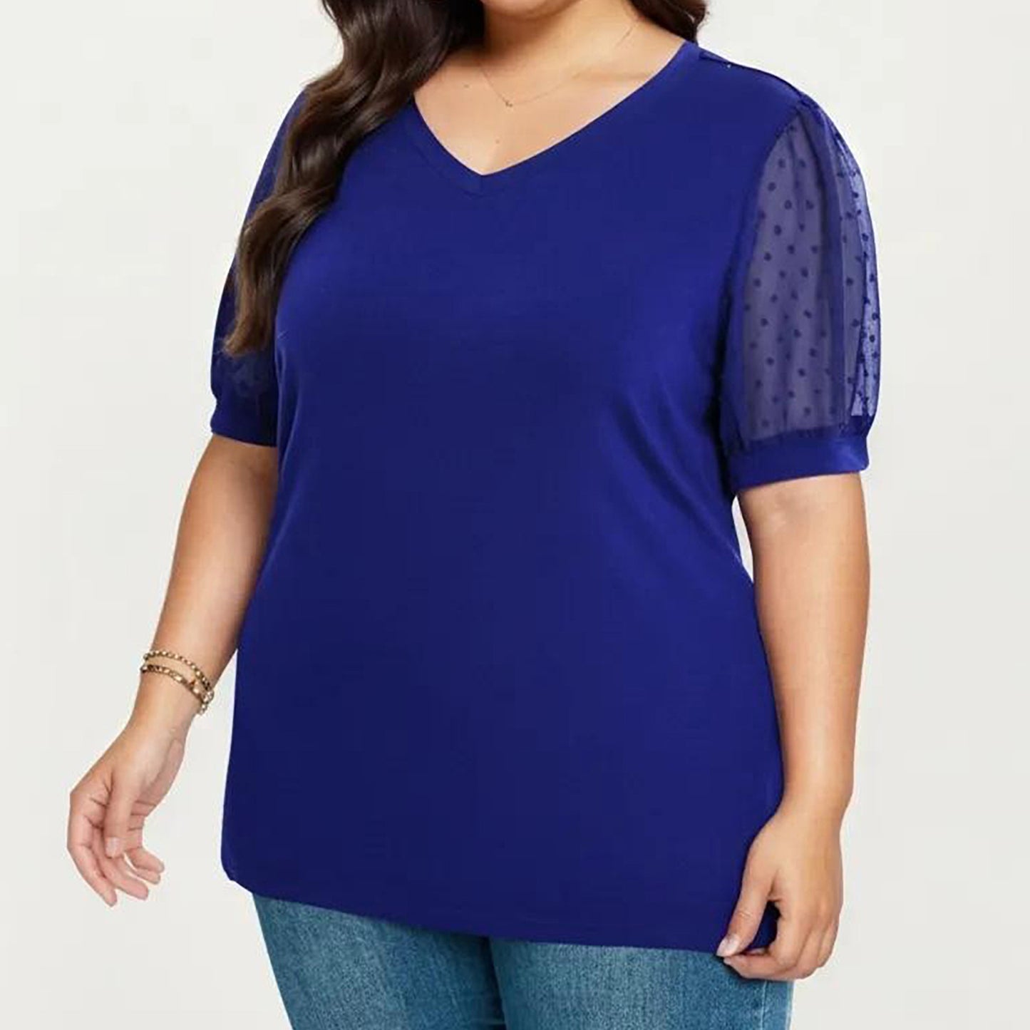 Plus Size Short Sleeve Top with V Neck Sheer Dot Mesh Sleeves Soft Knit Fabric Relaxed Shirt