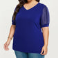 Plus Size Short Sleeve Top with V Neck Sheer Dot Mesh Sleeves Soft Knit Fabric Relaxed Shirt