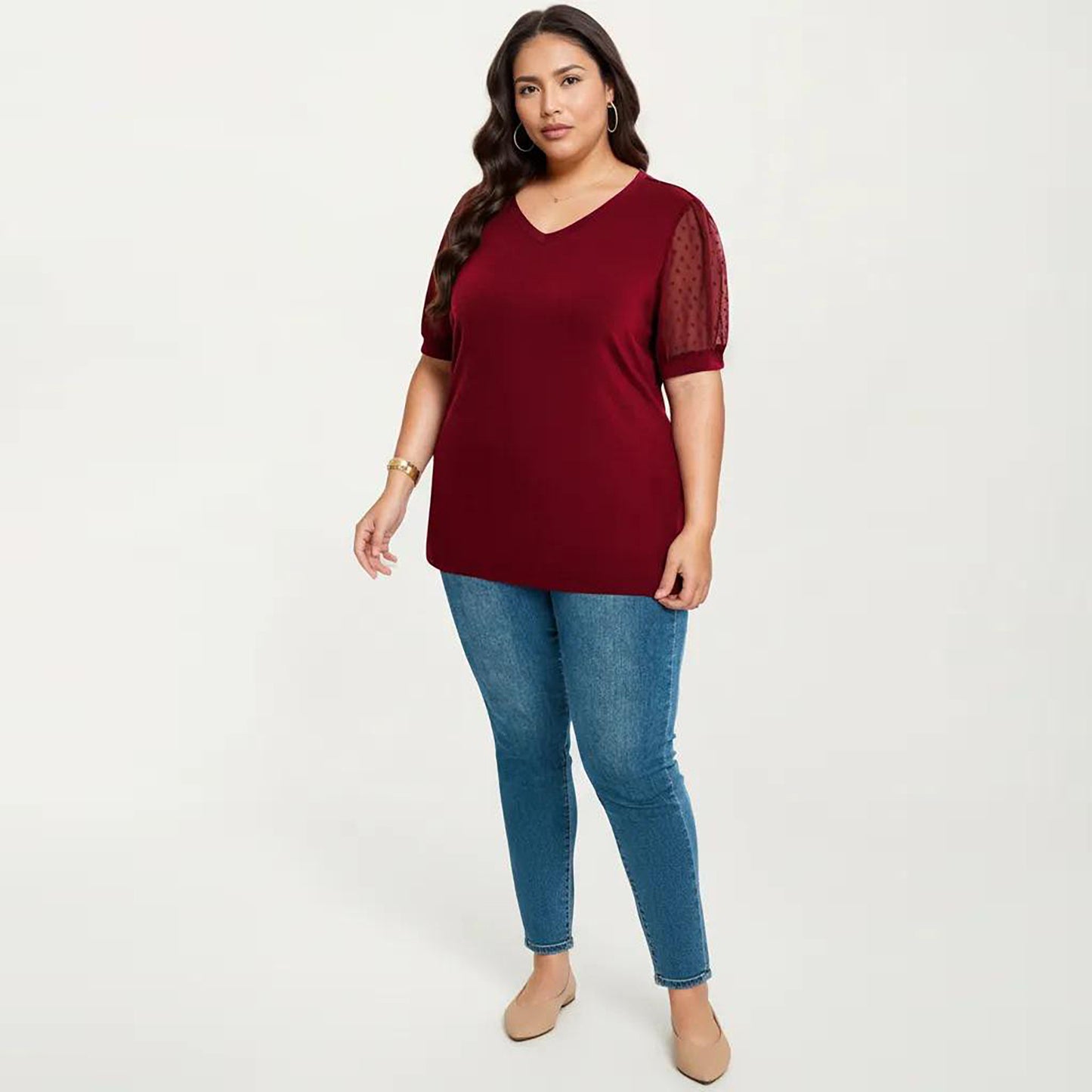 Plus Size Short Sleeve Top with V Neck Sheer Dot Mesh Sleeves Soft Knit Fabric Relaxed Shirt