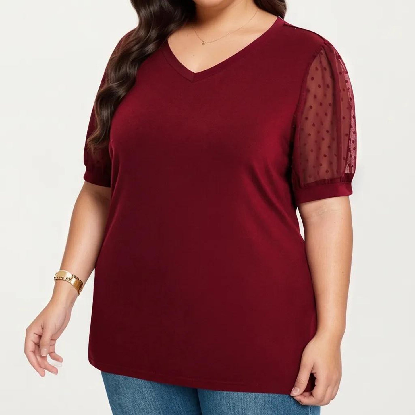 Plus Size Short Sleeve Top with V Neck Sheer Dot Mesh Sleeves Soft Knit Fabric Relaxed Shirt